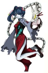 Rule 34 | 1girl, alternate costume, blue hair, blue skin, blush, breasts, china dress, chinese clothes, colored skin, dress, flats, hair over one eye, leviathan (skullgirls), open mouth, red eyes, side slit, skullgirls, solo, squigly (skullgirls), stitched mouth, stitches, zombie