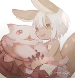 Rule 34 | 2others, animal ears, brown fur, commentary request, continuo0226, fang, furry, green eyes, grey hair, highres, horizontal pupils, in container, light particles, made in abyss, mitty (made in abyss), multiple others, nanachi (made in abyss), open mouth, other focus, pants, pouch, puffy pants, red pants, short hair, signature, sitting, smile, tail, topless, twitter username, whiskers, white pants