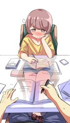 Rule 34 | 1boy, 1girl, bbb577, blue shorts, blush, book, brown eyes, brown hair, cellphone, chair, chinese commentary, commentary request, footjob, footjob over clothes, footjob under table, head rest, hetero, highres, holding, holding pen, original, pen, phone, pov, pov hands, shirt, short shorts, shorts, sitting, smartphone, stealth footjob, sweatdrop, x-ray, yellow shirt