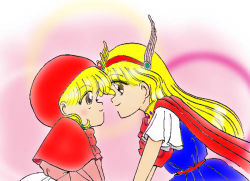 Rule 34 | 1990s (style), 2girls, akazukin chacha, blonde hair, blue dress, brown eyes, cape, capelet, chacha, cloak, closed mouth, couple, dress, eye contact, face-to-face, female focus, friends, hairband, head, head wings, hood, imminent kiss, jewelry, leaning, leaning forward, long hair, long sleeves, looking at another, magical princess, multiple girls, neck ring, red cape, red capelet, red cloak, red hairband, retro artstyle, short hair, short sleeves, smile, upper body, wings, yuri
