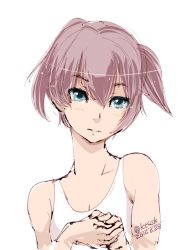 Rule 34 | 10s, 1girl, 2015, 4suke, blue eyes, breasts, cleavage, collarbone, dated, kantai collection, ponytail, shiranui (kancolle), short hair, short ponytail, simple background, small breasts, solo, tank top, twitter username, upper body, white background
