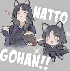 Rule 34 | + +, 1girl, :t, animal ear fluff, animal ears, arknights, bead bracelet, beads, black gloves, black hair, black kimono, blunt ends, blush, bowl, bracelet, chibi, chikoku no oni, chopsticks, closed eyes, commentary, cropped torso, dog ears, dog girl, dog tail, eating, english text, facial mark, fingerless gloves, food, full body, gloves, grey background, heart, highres, holding, holding bowl, holding chopsticks, japanese clothes, jewelry, kimono, long hair, multiple views, nattou, open mouth, rice, saga (arknights), simple background, sketch, smile, sparkle, tail