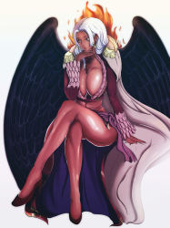 Rule 34 | 1girl, abs, absurdres, aged up, android, ass, black wings, breast press, breasts, cape, cleavage cutout, clone, clothing cutout, crossed legs, cyborg, female focus, fire, high heels, highres, huge ass, hybrid, jacket, large breasts, long hair, looking away, looking to the side, mature female, midriff, one piece, pirate costume, s-snake, seraphim (one piece), sitting, solo, star-shaped pupils, star (symbol), symbol-shaped pupils, thick thighs, thighs, white hair, wings, yellow eyes