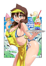 Rule 34 | 1girl, amano megumi, amano megumi wa suki darake!, apron, aqua eyes, arched back, artist name, bikini, bow, bow bikini, breasts, brown hair, cleavage, cloud, eating, fang, food, framed, hair over shoulder, holding, holding food, holding ice cream, holding plate, holding spoon, ice cream, large breasts, long hair, looking at viewer, low twintails, nekoguchi, official art, open mouth, palm tree, plate, shiny skin, signature, sky, solo, spoon, striped bikini, striped clothes, swimsuit, thick thighs, thighs, tree, twintails, visor cap, white bow, yellow apron
