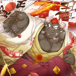 Rule 34 | 1boy, 2021, alternate costume, animal ears, bara, breath, brown fur, chinese zodiac, cow ears, cow horns, facial hair, feet out of frame, furry, furry male, goatee, gyumao (housamo), hakama, hakama pants, hand fan, happy new year, highres, holding, holding fan, horns, japanese clothes, kimono, large pectorals, looking at viewer, male focus, mature male, minotaur, mohawk, muscular, muscular male, new year, pants, pectoral cleavage, pectorals, red hair, renoky, scar, scar on face, scar on nose, short hair, solo, thick eyebrows, tokyo houkago summoners, year of the ox, yellow kimono