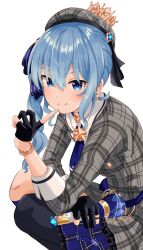 Rule 34 | 1girl, absurdres, blue eyes, blue hair, fingerless gloves, gloves, highres, hololive, hoshimachi suisei, hoshimachi suisei (1st costume), lingmu, long hair, looking at viewer, simple background, smile, solo, virtual youtuber