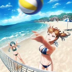 Rule 34 | 10s, 2girls, aqua hair, arch, arm up, arms up, ball, barefoot, beach, beach chair, beach umbrella, beach volleyball, bikini, black bikini, blue bikini, blue sky, breasts, brown eyes, brown hair, cleavage, cloud, day, green eyes, green hair, highres, kaga (kancolle), kantai collection, large breasts, motion blur, multiple girls, navel, ocean, open mouth, outdoors, outstretched arm, parasol, rock, sand, shadow, side ponytail, sky, small breasts, sports bikini, standing, string bikini, swimsuit, teeth, towel, tree, twintails, umbrella, volleyball, volleyball (object), volleyball net, water, yue (tada no saboten), zuikaku (kancolle)