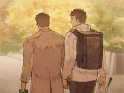 Rule 34 | 2boys, alternate costume, backpack, bad id, bad pixiv id, bag, bara, black hair, black pants, blurry, blurry background, blush, brown coat, brown hair, chataro1412, coat, couple, ear blush, from behind, glasses, holding hands, interlocked fingers, jacket, looking at another, male focus, protagonist 3 (housamo), multiple boys, pants, rimless eyewear, motoori shiro, shopping bag, short hair, smile, thick eyebrows, tokyo houkago summoners, white jacket, yaoi