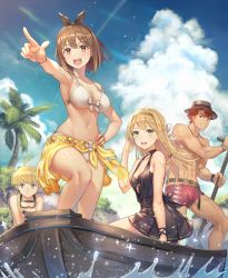 Rule 34 | 2boys, 2girls, absurdres, ahoge, anbe yoshirou, atelier (series), atelier ryza, atelier ryza 1, bikini, blonde hair, blue eyes, blue sky, boat, bow, breasts, brown eyes, brown hair, cleavage, day, diving mask, diving mask around neck, goggles, goggles around neck, green eyes, hair bow, hair ornament, hairband, hairclip, hat, highres, klaudia valentz, lent marslink, male swimwear, medium breasts, multiple boys, multiple girls, navel, open mouth, pointing, red hair, red male swimwear, red swim trunks, reisalin stout, sarong, sky, smile, stomach, swim trunks, swimsuit, tao mongarten, watercraft
