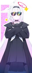 Rule 34 | 1girl, absurdres, black choker, black coat, black hairband, black pantyhose, black sailor collar, black serafuku, black skirt, blue archive, braid, choker, closed mouth, coat, colored inner hair, commentary, crossed arms, feet out of frame, hairband, halo, highres, long hair, long sleeves, multicolored hair, neckerchief, open clothes, open coat, pantyhose, pink eyes, plana (blue archive), pleated skirt, red halo, sailor collar, school uniform, serafuku, single braid, skirt, solo, sunglasses, t-hou, white hair, white neckerchief
