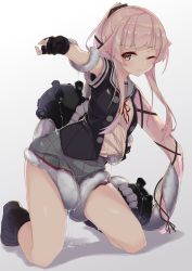 Rule 34 | absurdres, abyssal ship, black footwear, black gloves, black jacket, boots, brown eyes, commentary request, enemy naval mine (kancolle), gloves, gradient background, grey sailor collar, grey skirt, hair flaps, hair ribbon, highres, jacket, kantai collection, long hair, neck ribbon, one eye closed, partially fingerless gloves, pink hair, pleated skirt, ponytail, red ribbon, ribbon, sailor collar, school uniform, serafuku, short sleeves, skirt, teeth, tentacles, uut, very long hair, white background, yura (kancolle), yura kai ni (kancolle)