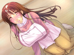 Rule 34 | 1girl, apron, blush, breast hold, breasts, brown hair, collared shirt, cum, cum on hair, dead or alive, eyebrows, facial, feet, huge breasts, kasumi (doa), kneeling, long hair, long skirt, long sleeves, looking at viewer, no shoes, parted lips, red eyes, shirt, skirt, socks, solo, sweater, yellow skirt, yoko juusuke