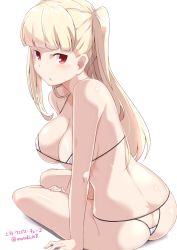 Rule 34 | 1girl, ass, bikini, blonde hair, blush, breasts, butt crack, character name, cleavage, commentary request, from behind, hand on own thigh, kichihachi, large breasts, long hair, looking at viewer, looking back, micro bikini, parted lips, red eyes, simple background, solo, swimsuit, tokyo 7th sisters, twintails, twitter username, uesugi u. kyouko, white background, white bikini