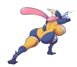 Rule 34 | 1girl, animal ears, arm warmers, ass, bare shoulders, blue skin, breasts, clothing cutout, colored skin, commission, creatures (company), dorianm bc, feet, female focus, fishnets, frog girl, from behind, full body, furry, furry female, game freak, gen 6 pokemon, greninja, half-closed eyes, huge breasts, leaning forward, leg warmers, leotard, liquid weapon, long tongue, looking back, nintendo, pokemon, pokemon (creature), red eyes, simple background, skindentation, soles, solo, standing, tail, tail through clothes, tongue, tongue out, water, white background, yellow leotard