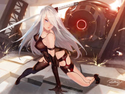 Rule 34 | 1girl, absurdres, bare shoulders, breasts, covered erect nipples, doll joints, elbow gloves, gloves, grey eyes, hair over one eye, highres, joints, katana, long hair, nier (series), nier:automata, purple eyes, single thighhigh, solo, sword, thighhighs, waterring, weapon, white hair, a2 (nier:automata)