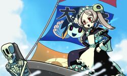 Rule 34 | 1girl, apron, boat, brooch, dress, flag, frilled apron, frilled dress, frills, grey hair, hair ornament, hand on own hip, highres, jewelry, juliet sleeves, kuroirozuki, long sleeves, maid headdress, minette (skullgirls), open mouth, puffy sleeves, red eyes, ship, skeleton, skull hair ornament, skullgirls, smile, solo, twintails, water, watercraft