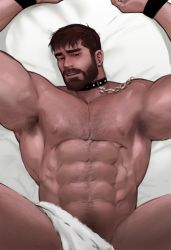 Rule 34 | 1boy, abs, animal collar, arm hair, armpit hair, armpits, arms up, bara, bare pectorals, beard, bed sheet, blush, bound, bound arms, chest hair, collar, convenient censoring, dopey (dopq), facial hair, feet out of frame, from above, highres, large pectorals, lying, male focus, male pubic hair, mature male, muscular, muscular male, mustache, naked sheet, navel, navel hair, nipples, on back, on bed, original, paid reward available, pectorals, pet play, pubic hair, short hair, solo, spread legs, stomach, thick eyebrows, thick thighs, thighs