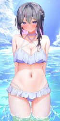 Rule 34 | 1girl, absurdres, arms behind back, azki (hololive), bare shoulders, bikini, black hair, blue sky, blush, braid, breasts, cleavage, closed mouth, cloud, collarbone, colored inner hair, day, frilled bikini, frills, hair between eyes, hair intakes, highres, hololive, kon (07263545), large breasts, long hair, looking at viewer, multicolored hair, navel, o-ring, o-ring bikini, ocean, paid reward available, pink hair, purple eyes, sky, smile, solo, stomach, streaked hair, swimsuit, virtual youtuber, wading, white bikini, white hair