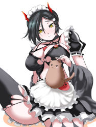 Rule 34 | &gt; &lt;, 1girl, absurdres, apron, azur lane, black hair, black skirt, black thighhighs, breast strap, breasts, brown cat, cat, cat hair ornament, cleavage, hair ornament, highres, horns, large breasts, mechanical horns, miniskirt, o-ring, o-ring top, official alternate costume, puffy short sleeves, puffy sleeves, red horns, sansei, short hair, short sleeves, simple background, skirt, solo, thighhighs, ulrich von hutten (azur lane), ulrich von hutten (mayhem maid) (azur lane), white apron, white background, x hair ornament, yellow eyes