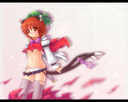 Rule 34 | 1girl, animal ears, belt, bow, breasts, cat ears, cat girl, cat tail, chen, earrings, etogami kazuya, female focus, gradient background, hat, jewelry, letterboxed, panties, red eyes, red hair, small breasts, solo, tail, thighhighs, torn clothes, touhou, underboob, underwear