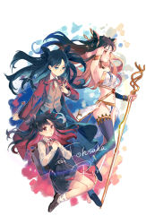 Rule 34 | 2girls, armpits, bare shoulders, black hair, black skirt, blue eyes, brown footwear, character name, commentary, fate (series), highres, holding, holding staff, ishtar (fate), jacket, long hair, looking at viewer, multicolored hair, multiple girls, multiple views, navel, red eyes, red hair, red jacket, red ribbon, ribbon, shirt, shoes, skirt, smile, staff, tohsaka rin, two-tone hair, white shirt, yorktown cv-5
