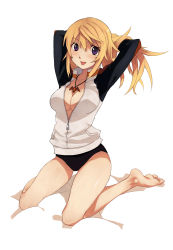 Rule 34 | 10s, 1girl, barefoot, blush, breasts, caee penguin, charlotte dunois, cleavage, feet, highres, infinite stratos, jacket, jewelry, large breasts, long hair, long legs, necklace, open mouth, purple eyes, raglan sleeves, soles, solo, toes, track jacket