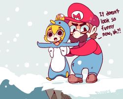 Rule 34 | animal costume, animated, animated gif, arms up, artist name, black eyes, blonde hair, blush, brown footwear, brown hair, cliff, cosplay, diives, english text, facial hair, full body, gloves, hat, held up, holding, kigurumi, long sleeves, mario, mario (series), mountain, mustache, new super mario bros. u deluxe, nintendo, open mouth, outdoors, overalls, penguin costume, princess peach, red headwear, red shirt, shirt, shoes, signature, sky, snowing, standing, super crown, super mario 64, sweat, talking, text focus, white gloves, wide-eyed