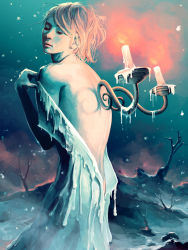 Rule 34 | 1girl, blonde hair, candle, cyril rolando, dress, female focus, fire, gradient background, nature, outdoors, plant, realistic, sky, snow, solo, tree