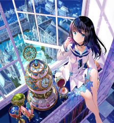 Rule 34 | 1girl, above clouds, album cover, architecture, barefoot, black hair, book, bookshelf, checkered floor, choker, clock, cloud, commentary request, cover, day, faberge egg, floating city, frilled sleeves, frills, from above, fuzichoco, gem, hand on own leg, hand up, holding, indoors, long hair, long sleeves, looking at viewer, looking up, music box, neckerchief, open window, original, pleated skirt, scenery, school uniform, serafuku, sitting, sitting in window, skirt, sky, smile, solo, spire, tower, white skirt, window