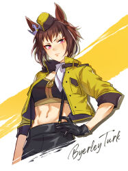 Rule 34 | 1girl, abs, animal ears, black gloves, black pants, breasts, brown hair, byerley turk (umamusume), character name, cleavage, closed mouth, commentary, crop top, cropped jacket, garrison cap, gloves, hand on own hip, hat, highres, horse ears, horse girl, hran v0, jacket, long sleeves, looking at viewer, medium breasts, mommy maro, navel, open clothes, open jacket, pants, purple eyes, scar, scar across eye, solo, suspenders, two-tone background, umamusume, white background, yellow background, yellow hat, yellow jacket