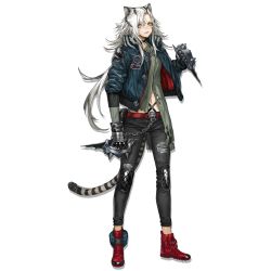 Rule 34 | 1girl, animal ears, arknights, bags under eyes, belt, black choker, black gloves, black hair, black pants, blue jacket, bomber jacket, boots, breasts, buckle, chain, choker, denim, dual wielding, facial scar, full body, gloves, green shirt, hair between eyes, holding, indra (arknights), infukun, jacket, jeans, knee pads, long hair, looking at viewer, multicolored hair, navel, official art, open clothes, pants, parted bangs, pouch, red footwear, scar, scar on cheek, scar on face, scar on nose, shirt, sidelocks, small breasts, solo, tachi-e, tail, tiger ears, tiger tail, torn clothes, torn shirt, transparent background, very long hair, white hair, yellow eyes