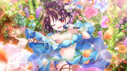 Rule 34 | 1girl, aqua gemstone, arm ribbon, bandou mikuru, bare shoulders, blonde hair, blue flower, blue skirt, breasts, brown hair, brown ribbon, dot nose, falling petals, film grain, flower, flower request, game cg, holding, holding microphone, ivy, izumi tsubasu, lavender (flower), leg ribbon, lens flare, log, looking at viewer, microphone, multicolored hair, navel, non-web source, official art, one eye closed, open mouth, orange flower, outstretched arm, petals, petunia (flower), purple flower, re:stage!, red eyes, red flower, red rose, ribbon, rose, short hair, skirt, small breasts, smile, solo, sparkle, stomach, streaked hair, two-tone hair, white flower