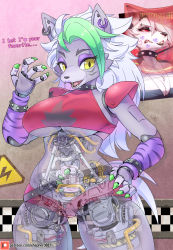 Rule 34 | 2girls, animal ears, artificial vagina, belt, bikini, bracelet, breasts, claws, cleavage, collar, commentary, crop top, earrings, english commentary, english text, eyeshadow, facial mark, fangs, five nights at freddy&#039;s, five nights at freddy&#039;s: security breach, flag, furry, furry female, halterneck, hand on own hip, helluva boss, highres, jewelry, joints, large breasts, leash, lipstick, lipstick mark, long hair, looking at viewer, loona (helluva boss), makeup, mechanical parts, midriff, multicolored hair, multiple earrings, multiple girls, patreon username, poster (object), red eyes, robot, robot girl, robot joints, roxanne wolf (fnaf), see-through, see-through body, sex toy, sharp teeth, shepherd0821, sign, spiked bracelet, spiked collar, spikes, striped, striped skin, studded belt, studded collar, swimsuit, teeth, underboob, warning sign, wolf ears, wolf girl, x-ray, yellow eyes