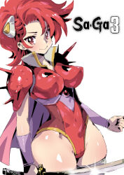 Rule 34 | 1girl, armor, breasts, cape, clenched hand, closed mouth, hair ornament, highres, holding, holding sword, holding weapon, katana, large breasts, leotard, looking at viewer, puchidori, red hair, red leotard, saga, saga 3, sharon (saga), short hair, shoulder armor, simple background, smile, solo, sword, weapon, white background