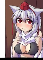 Rule 34 | 1girl, animal ears, bare shoulders, blush, bra, breast suppress, breasts, clothes lift, fun bo, hat, inubashiri momiji, looking at viewer, nervous, red eyes, shirt lift, short hair, solo, tokin hat, touhou, turtleneck, underwear, upper body, wavy mouth, white hair, wolf ears