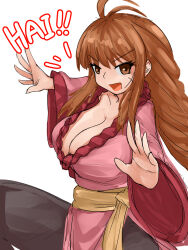 Rule 34 | 1girl, antenna hair, breasts, brown eyes, brown hair, china dress, chinese clothes, cleavage, dress, fighting stance, highres, large breasts, lei kuugo, live a live, pants, pink dress, pink robe, red pants, robe, sash, scar, scar on face, smile, steamingtofu, yellow sash