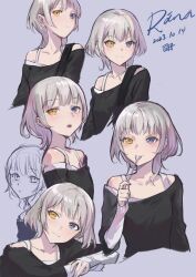 Rule 34 | 1girl, absurdres, bang dream!, bang dream! it&#039;s mygo!!!!!, black shirt, blue eyes, blush, character name, closed mouth, commentary, dated, grey hair, heterochromia, highres, holding, holding spoon, jiong-zi, kaname raana, layered sleeves, long sleeves, looking at viewer, medium hair, multiple views, off-shoulder shirt, off shoulder, open mouth, parted lips, purple background, shirt, short over long sleeves, short sleeves, simple background, spoon, utensil in mouth, yellow eyes
