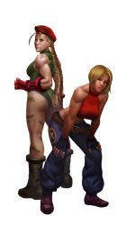 Rule 34 | 2girls, ahoge, antenna hair, ass, belt, beret, blonde hair, blue eyes, blue mary, boots, braid, breasts, cammy white, camouflage, capcom, fingerless gloves, gloves, hands on own knees, hat, large breasts, leotard, lips, long hair, multiple girls, puckered lips, razvan, realistic, short hair, sideboob, snk, street fighter, the king of fighters, twin braids