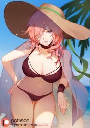 Rule 34 | 1girl, artist name, beach, bikini, black bikini, blue eyes, blue sky, breasts, brown hat, cleavage, commentary, cowboy shot, day, english commentary, final fantasy, final fantasy xiii, flipped hair, green ribbon, grin, groin, hair over one eye, hand on own hip, hat, hat ribbon, head tilt, innertube, large breasts, leaning forward, leaning on object, legs together, lightning farron, medium hair, midriff, navel, ocean, one eye covered, outdoors, paid reward available, palm tree, parted lips, patreon logo, patreon username, pink hair, pink lips, ribbon, ringlets, shiny skin, sky, smile, solo, songjikyo, standing, sun hat, swim ring, swimsuit, thighs, tree