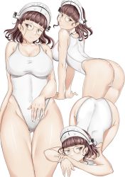 Rule 34 | 1girl, absurdres, ass, blunt bangs, breasts, brown eyes, brown hair, chiyo goya, competition swimsuit, cowboy shot, eyewear strap, glasses, headdress, highleg, highleg swimsuit, highres, kantai collection, large breasts, looking at viewer, multiple views, one-piece swimsuit, pince-nez, roma (kancolle), short hair, simple background, swimsuit, wavy hair, white background, white one-piece swimsuit