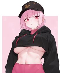 Rule 34 | 1girl, absurdres, alternate costume, baseball cap, black baseball cap, black hoodie, bluefield, blush, breasts, commentary, crop top, cropped hoodie, drawstring, english commentary, from below, hat, highres, hololive, hololive english, hood, hoodie, large breasts, looking at viewer, midriff, mori calliope, navel, pink hair, red eyes, short hair, simple background, smile, solo, stomach, underboob, virtual youtuber