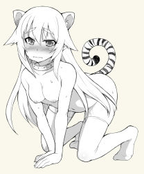 Rule 34 | 1girl, all fours, animal ears, blush, breasts, character request, collar, feet, in heat, kouki kuu, long hair, nipples, nude, solo, sweat, tail, tears, thighhighs, tiger ears, tiger tail