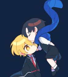 Rule 34 | 2boys, black coat, black gloves, black hair, black shorts, black vest, blonde hair, blue background, blue scarf, chibi, closed eyes, coat, collared shirt, commentary, demian (project moon), gloves, kiss, kissing forehead, kneeling, limbus company, long sleeves, male focus, multiple boys, name (oiuio), necktie, no mouth, no nose, open clothes, open coat, project moon, red necktie, scarf, shirt, short hair, short sleeves, shorts, simple background, sinclair (project moon), single tear, socks, symbol-only commentary, vest, white shirt, white socks, yellow eyes