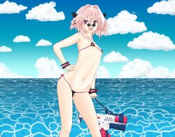 Rule 34 | 1boy, absurdres, androgynous, astolfo (fate), astolfo (saber) (fate), bikini, black bikini, black bow, bow, braid, censored, cloud, cloudy sky, crossdressing, day, erection, fang, fate/grand order, fate (series), feet out of frame, hair intakes, hand on own hip, highres, long braid, looking at viewer, micro bikini, multicolored hair, navel, open mouth, penis, pink hair, purple eyes, risvu, side-tie bikini bottom, single braid, skin fang, sky, smile, streaked hair, sunglasses, swimsuit, thong, thong bikini, trap, water