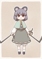 Rule 34 | 1girl, aged down, animal ears, blue capelet, blush, capelet, closed mouth, gem, grey background, grey footwear, grey hair, grey skirt, grey vest, holding, jewelry, looking at viewer, mouse (animal), mouse ears, mouse tail, nazrin, necklace, outline, poronegi, prehensile tail, red eyes, shoes, short hair, simple background, skirt, smile, socks, solo, standing, tail, touhou, vest, white outline, white socks