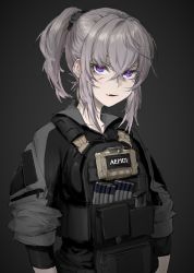 Rule 34 | 1girl, absurdres, alma01, bag, black scrunchie, body armor, brown hair, collarbone, collared jacket, commentary request, cropped torso, eyebrows hidden by hair, fang, grey background, hair between eyes, hair ornament, hair scrunchie, highres, jacket, looking at viewer, magazine (weapon), military, military operator, military uniform, mole, original, bulletproof vest, ponytail, purple eyes, satchel, scrunchie, short sleeves, sidelocks, simple background, solo, uniform, upper body