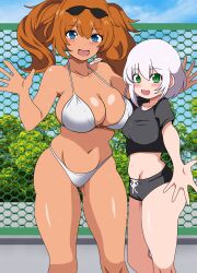 2girls bikini black_shirt black_shorts blue_eyes brown_hair chain-link_fence cowboy_shot eyewear_on_head feet_out_of_frame fence green_eyes highres kinako_mochi_(pixiv100419090) long_hair looking_at_viewer multiple_girls navel original shirt short_hair short_shorts shorts siblings sisters smile sunglasses swimsuit tan twintails white_bikini white_hair