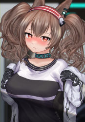 Rule 34 | 1girl, angelina (arknights), animal ears, arknights, black collar, black gloves, black shirt, blush, breasts, collar, earclip, earpiece, fox ears, gloves, hair between eyes, hairband, highres, infection monitor (arknights), jacket, large breasts, long sleeves, looking at viewer, off shoulder, red eyes, red hairband, rryiup, shirt, solo, twintails, twitter username, undressing, upper body, white jacket