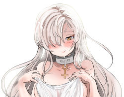 Rule 34 | 1girl, alternate hairstyle, azur lane, bed sheet, blush, breasts, chain, covering privates, hair down, hair over one eye, hey taisyou, highres, holding, holding sheet, long hair, looking at viewer, medium breasts, nude, nude cover, sheffield (azur lane), simple background, smile, solo, white background, yellow eyes