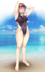 Rule 34 | 1girl, arena (company), armpits, arms up, barefoot, beach, black one-piece swimsuit, blood rouge, blue eyes, blue sky, borrowed character, cloud, commentary request, competition swimsuit, covered navel, day, female focus, full body, goggles, goggles around neck, highleg, highleg swimsuit, highres, horizon, logo, looking at viewer, one-piece swimsuit, original, outdoors, pink hair, short hair, sky, solo, standing, swimsuit, visor cap